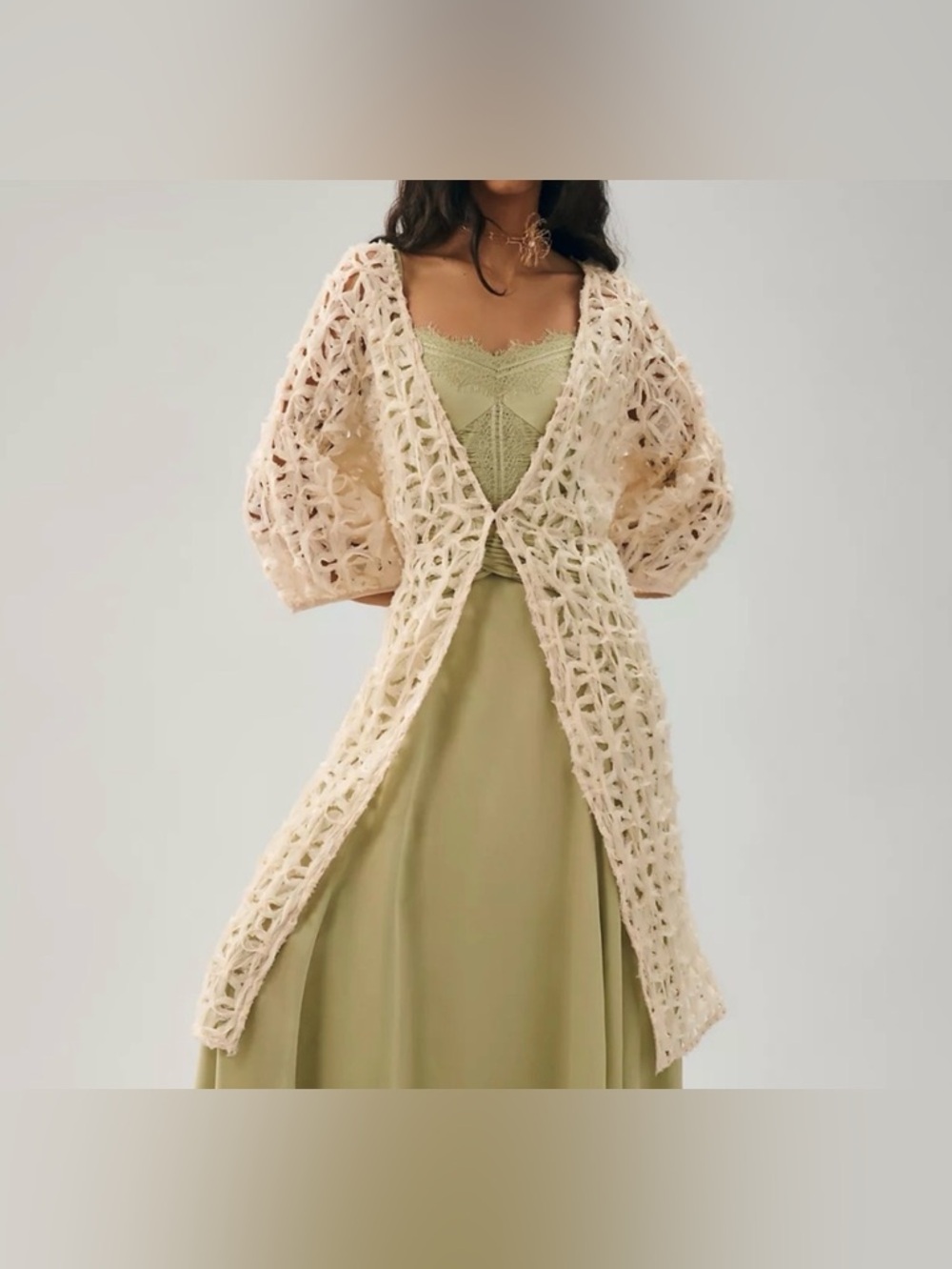 Anthropologie Maeve Textured Cutout Cream Duster Cardigan Long Layering Wrap O/S